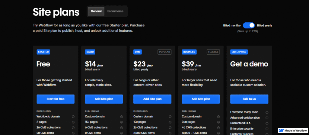 webflow pricing's plan